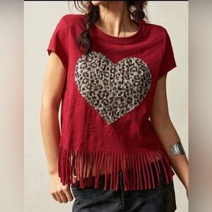 Red Fringe Heart Leopard Print Top